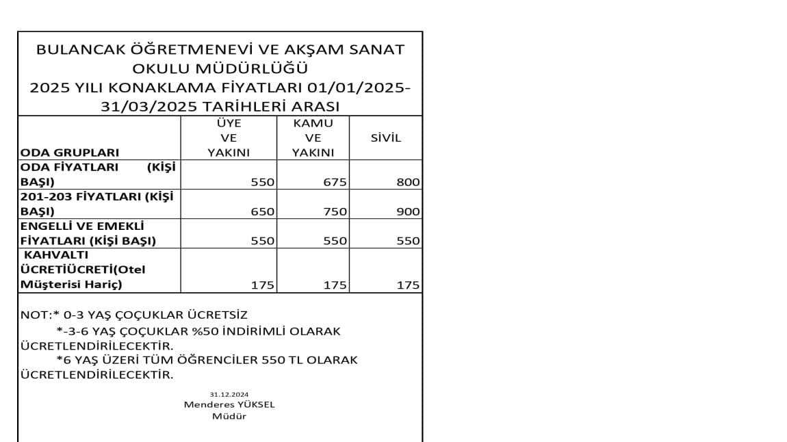 OTEL FİYAT TARİFESİ